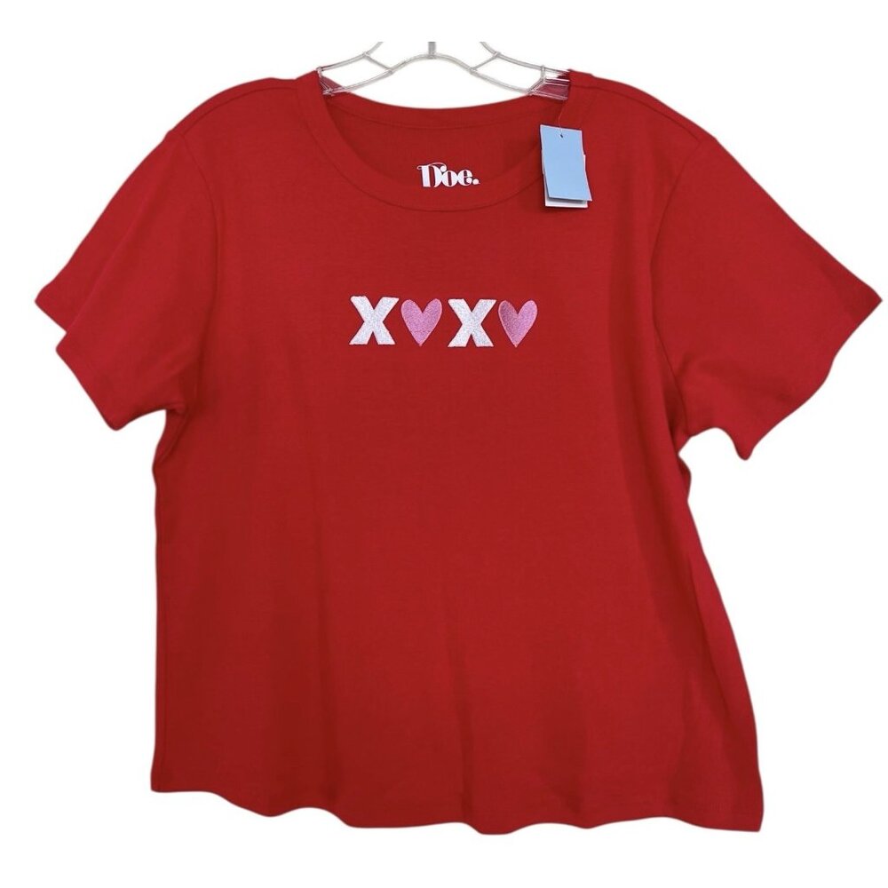 Doe T‎ Shirt Womens Size 2X Red XOXO Valentines Day Embroidered Short Sleeve